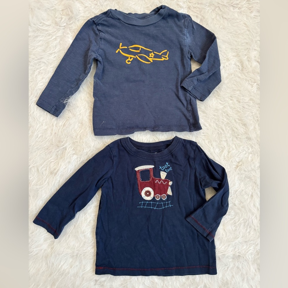 Set of 2 Navy Long-Sleeve Tees with Yellow Plane & Embroidered Red Train